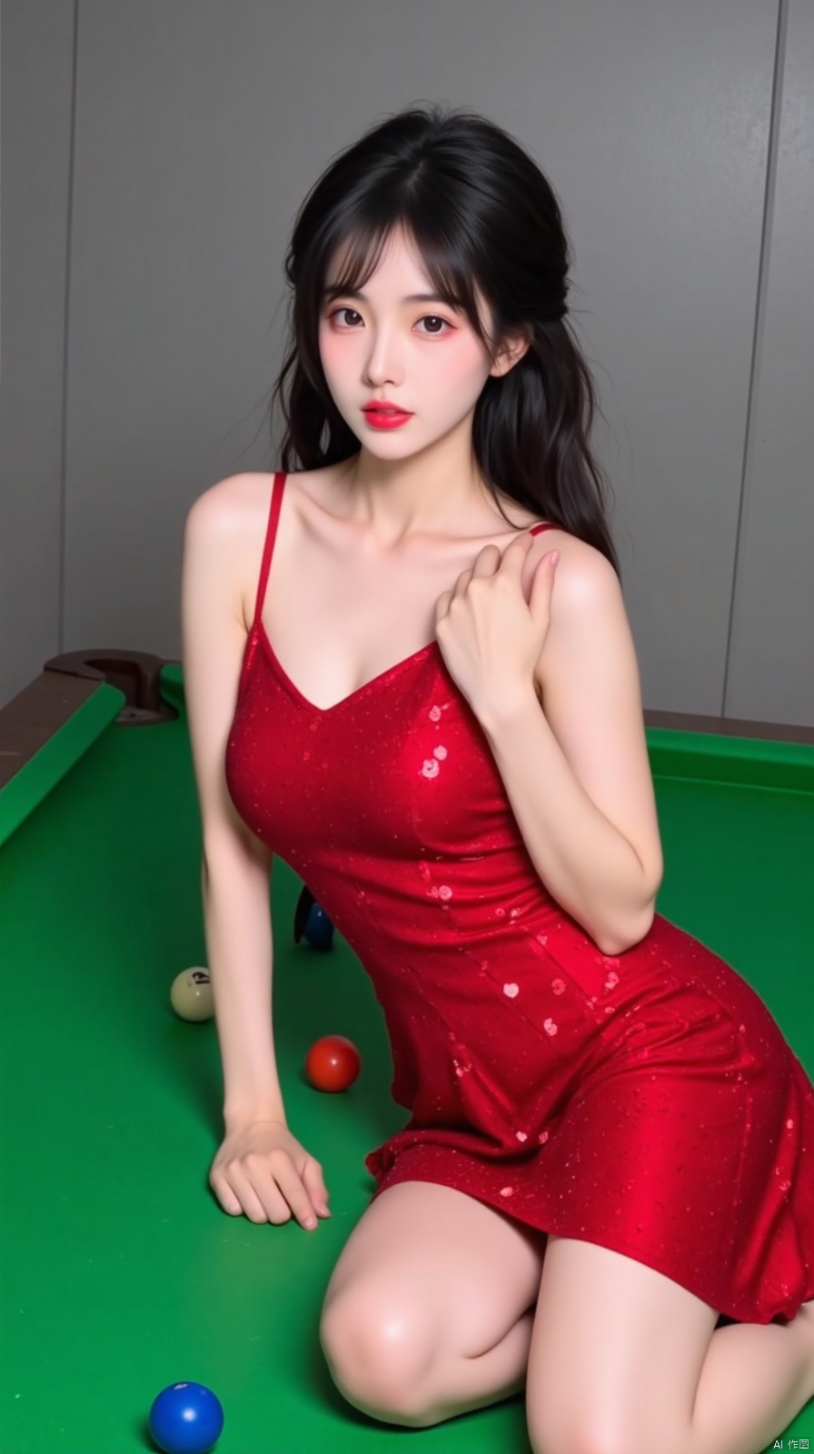 In this picture, a woman wearing a red sequined suspender skirt sits on a pool table with an elegant posture. Her hair is black and curly, her makeup is exquisite, and her red dress shines under the light, making her look particularly eye-catching. There are two billiard balls placed on the billiard table, one is red and the other is blue. The bright colors are in sharp contrast with the green billiard table.

Billiards is a popular indoor sport that originated in Europe in the 15th century. The billiard table is usually green and has a tweed surface. The balls are divided into different colors and numbers. Players score points by hitting the cue ball with a billiard cue so that it hits the target ball and pockets it. Red and blue billiard balls are more common in billiards. The red ball is worth 1 point in some games, and the blue ball is worth higher, such as 5 points in snooker.

This picture combines fashion and billiards sports elements, showing a unique beauty and charm. It may have been taken for fashion photography or billiards-related publicity. The gray tone of the background highlights the subject, making the picture more concise and rich. expressiveness.