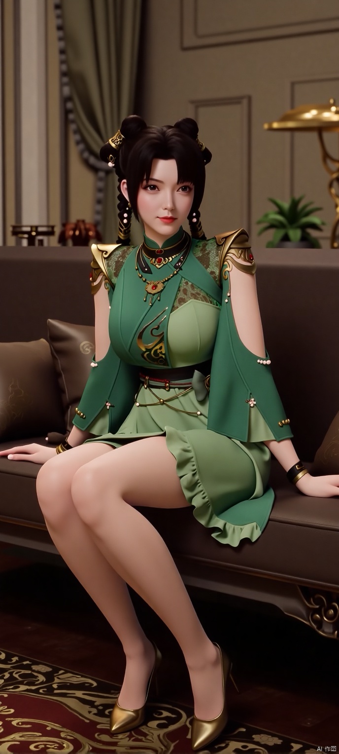(high definition, Best quality, masterpiece, 4K, exquisite skin), 1girl, solo, green dress, breasts, looking at viewer, room, sitting,shoes
