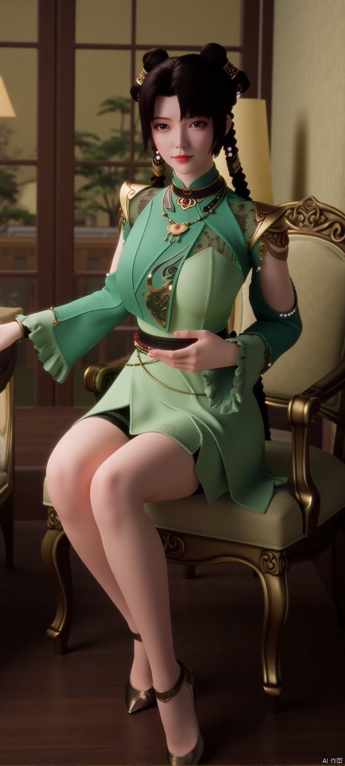 (high definition, Best quality, masterpiece, 4K, exquisite skin), 1girl, solo, green dress, breasts, looking at viewer, room, sitting,shoes

