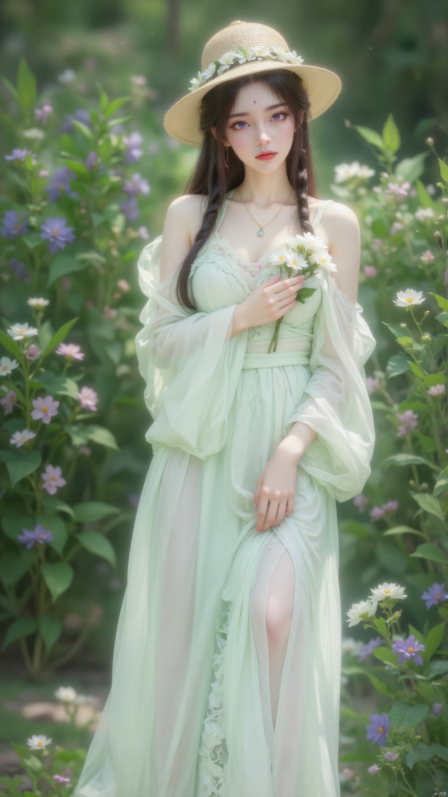 , a woman wearing a light green dress. She wore a straw hat decorated with white flowers, and her hair was braided into two braids hanging down her chest. She wears a gold necklace around her neck with a blue gemstone pendant. She holds a bouquet of small white flowers in both hands, with blurred green plants in the background, creating a fresh and natural atmosphere.,yuechan-zichu