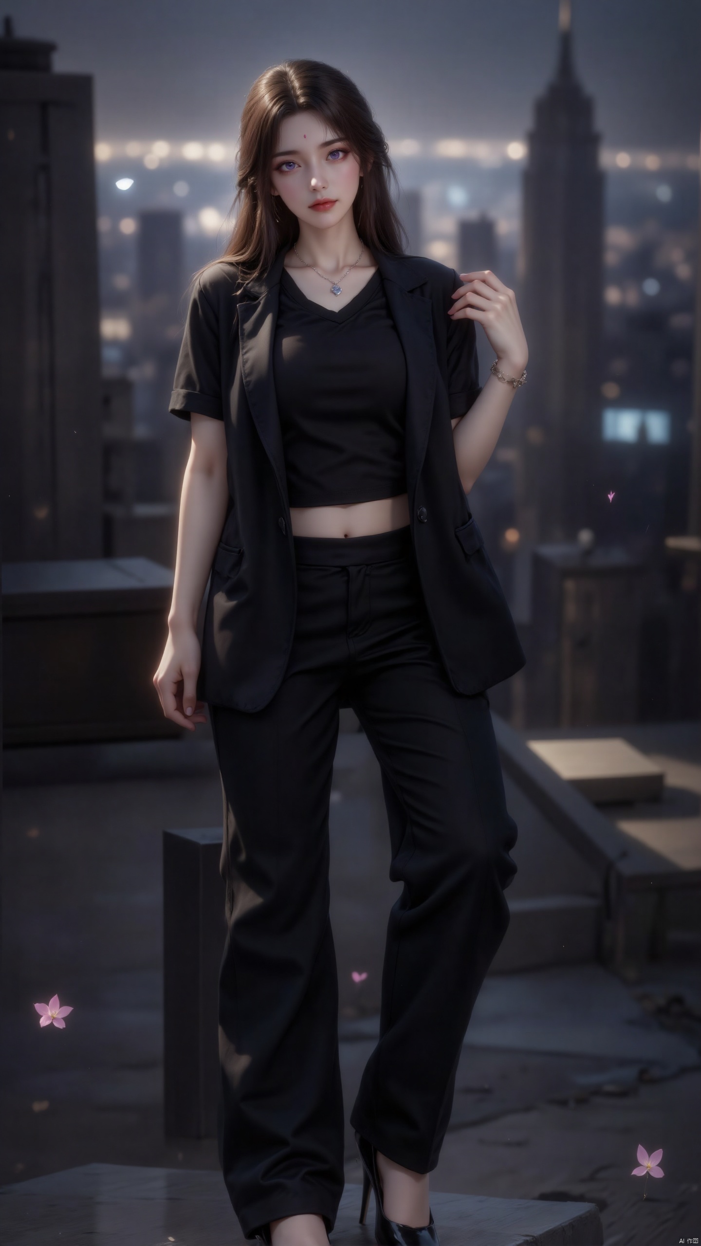 yuechan-zichu,a medium-sized woman stands in front of a backdrop of a cityscape. She is dressed in a black t-shirt, a black blazer, and black pants. Her hair is styled in a bob, and her eyes are a piercing blue-green. She has a silver necklace around her neck, adding a touch of contrast to her outfit. Her lips are a deep red, and she has a slight smile on her face. The backdrop is blurred, creating a stark contrast to the woman's outfit.a medium-sized woman stands in front of a backdrop of a cityscape. She is dressed in a black t-shirt, a black blazer, and black pants. Her hair is styled in a bob, and her eyes are a piercing blue-green. She has a silver necklace around her neck, adding a touch of contrast to her outfit. Her lips are a deep red, and she has a slight smile on her face. The backdrop is blurred, creating a stark contrast to the woman's outfit.