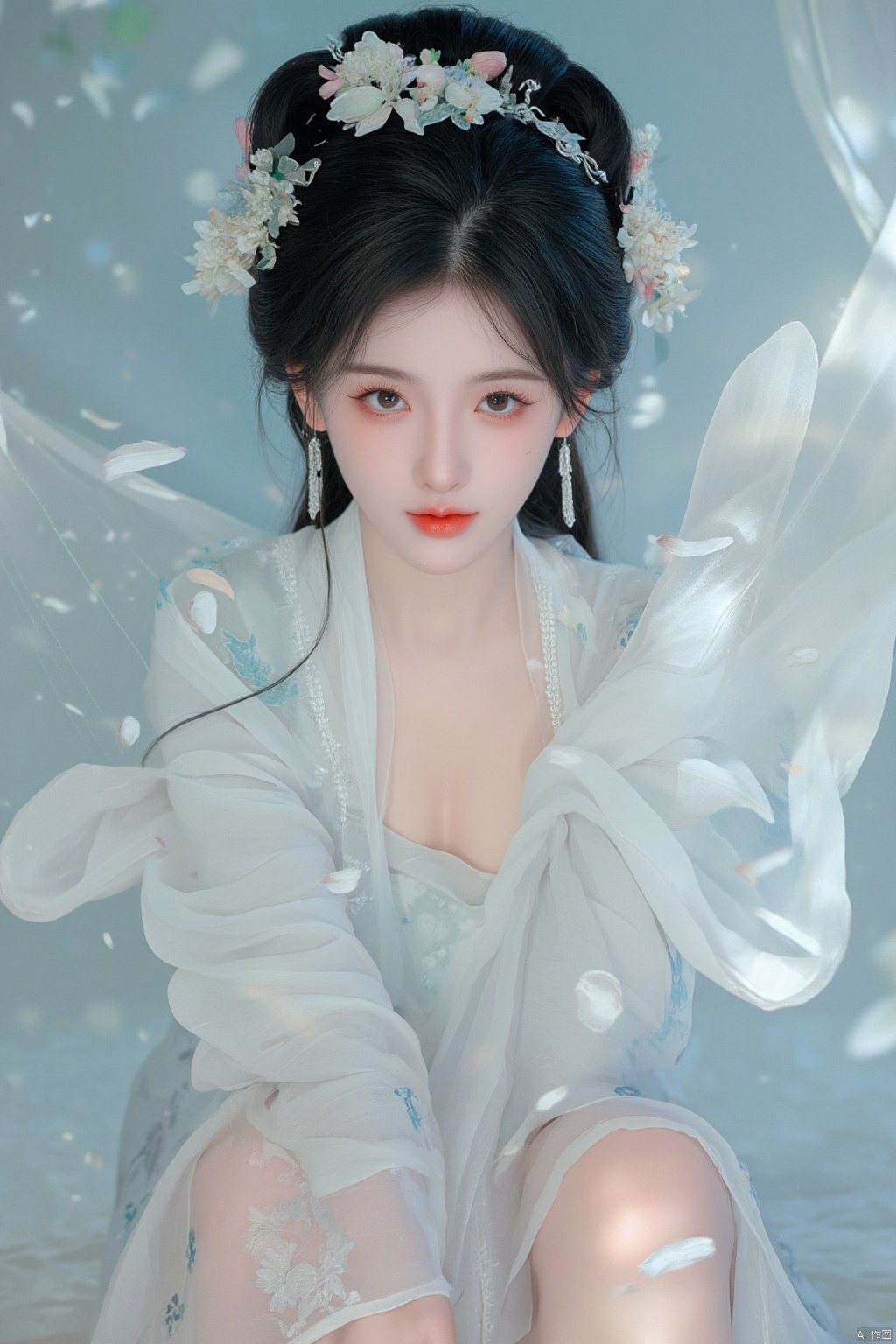 hf-hd,1 girl,earrings,eyelashes,a charming face,glowing lips,clavicle,shoulder exposure,floating petals,dreamy and beautiful,hanfu,medium breasts,cleavge,(upper_body:1.6),(masterpiece, top quality, best quality, official art, beautiful and aesthetic:1.2),