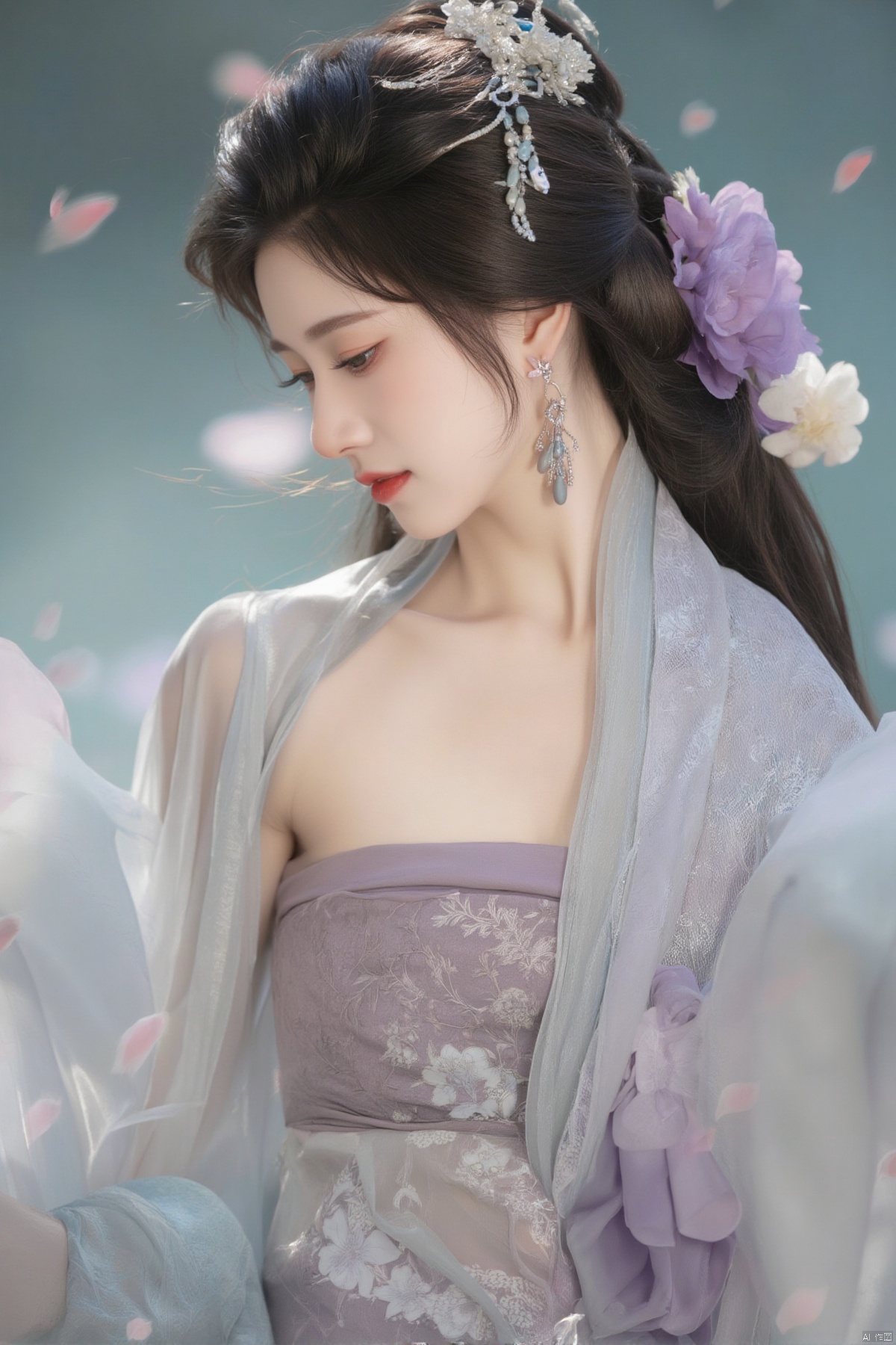 hf-hd,1 girl,earrings,eyelashes,a charming face,glowing lips,clavicle,shoulder exposure,floating petals,dreamy and beautiful,hanfu,medium breasts,cleavge,(upper_body:1.6),(masterpiece, top quality, best quality, official art, beautiful and aesthetic:1.2),