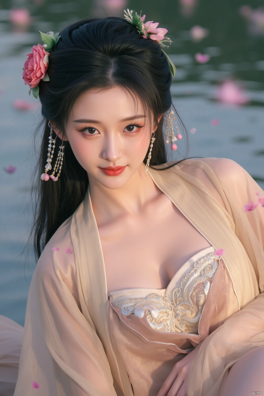 hf-hd,1 girl,earrings,eyelashes,a charming face,glowing lips,clavicle,shoulder exposure,floating petals,dreamy and beautiful,hanfu,medium breasts,cleavge,(upper_body:1.6),(masterpiece, top quality, best quality, official art, beautiful and aesthetic:1.2),