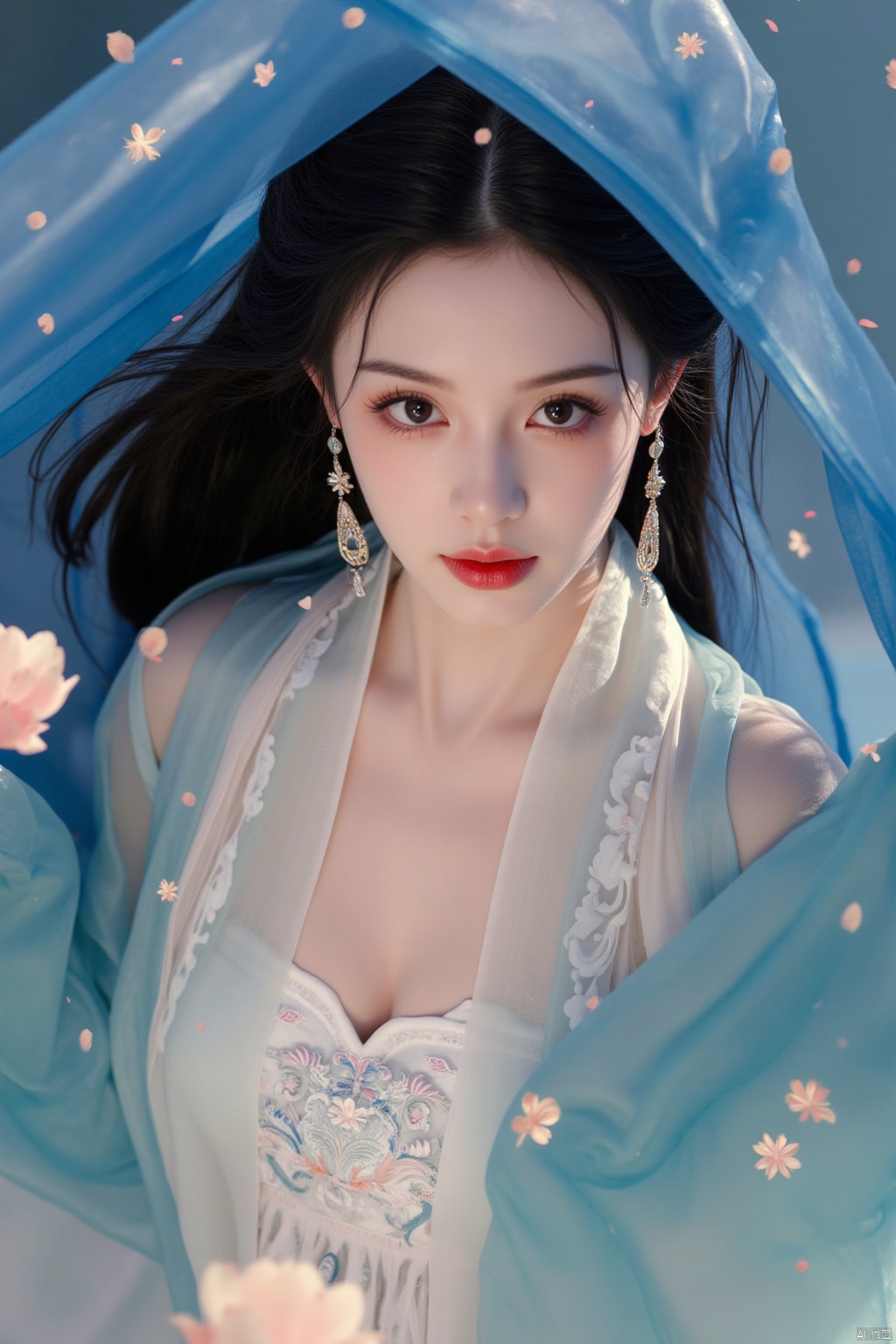 hf-hd,1 girl,earrings,eyelashes,a charming face,glowing lips,clavicle,shoulder exposure,floating petals,dreamy and beautiful,hanfu,medium breasts,cleavge,(upper_body:1.6),(masterpiece, top quality, best quality, official art, beautiful and aesthetic:1.2),