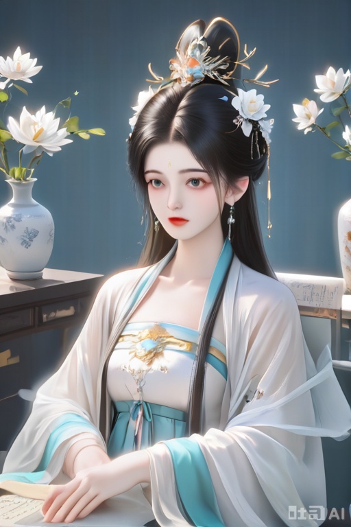 1girl, solo, long hair, blue eyes, black hair, hair ornament, long sleeves, dress, jewelry, sitting, closed mouth, upper body, flower, earrings, indoors, hair flower, white dress, book, facial mark, chinese clothes, white flower, forehead mark, scroll, book stack, vase, hanfu