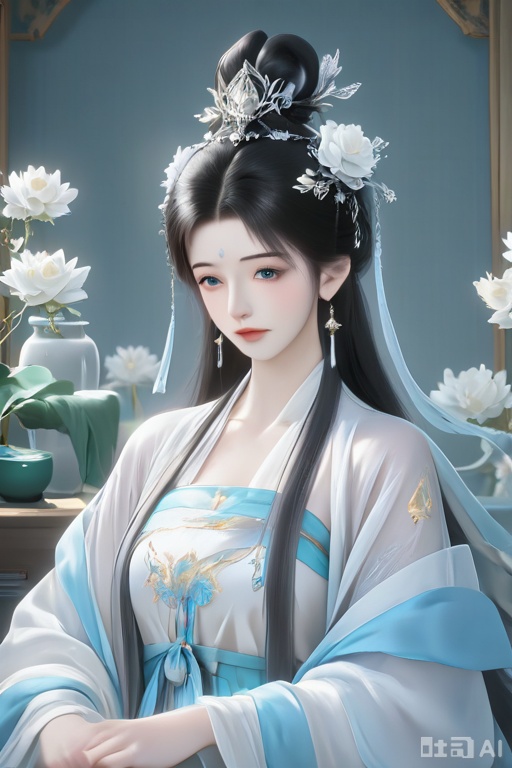 1girl, solo, long hair, blue eyes, black hair, hair ornament, long sleeves, dress, jewelry, sitting, closed mouth, upper body, flower, earrings, indoors, hair flower, white dress, book, facial mark, chinese clothes, white flower, forehead mark, scroll, book stack, vase, hanfu