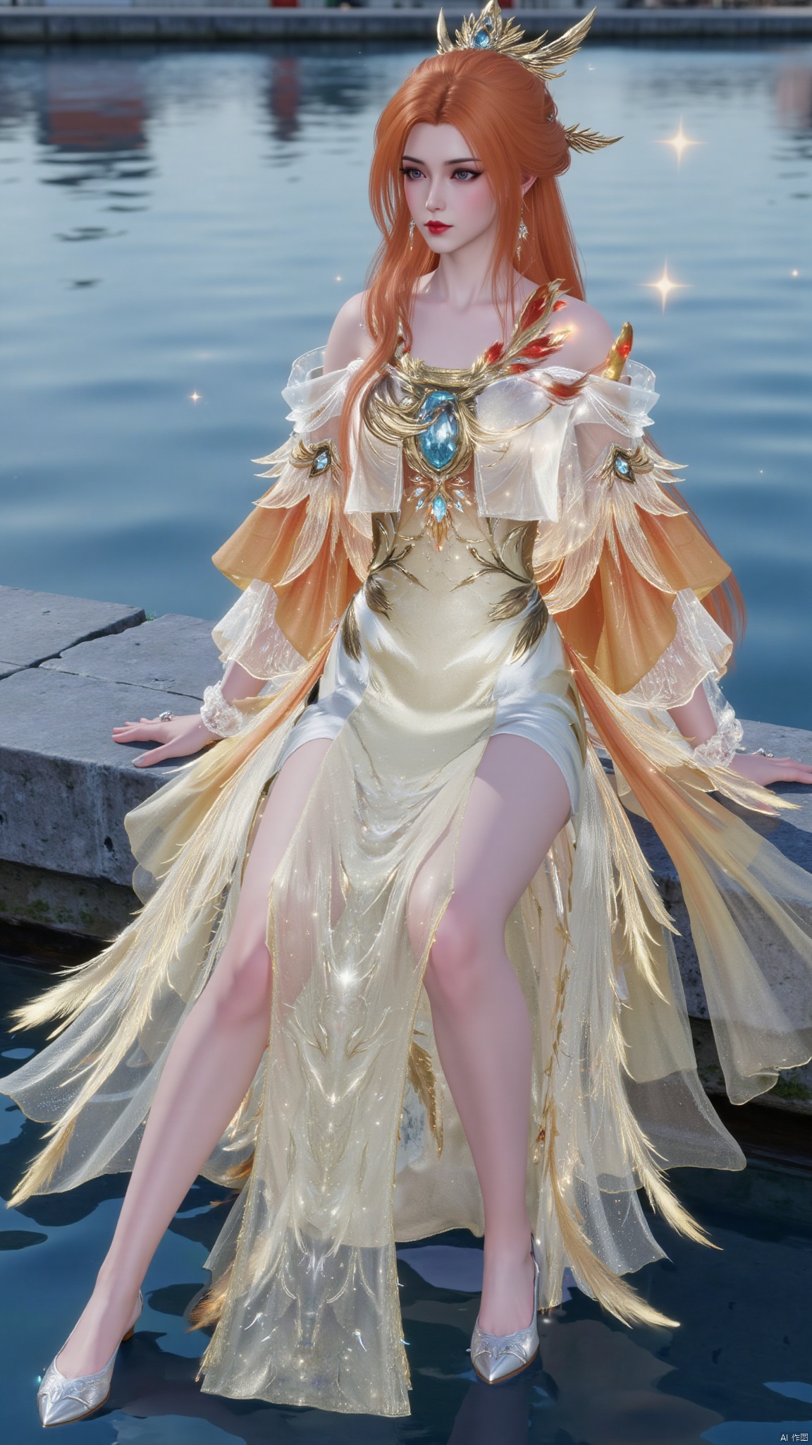 A young woman dressed in traditional Chinese clothing,orange hair,red hair,blonde hair,long hair,very long hair,hair ornament,breasts,bare shoulders,chinese clothes,braid,hanfu,dress,long dress,yellow dress,white dress,backless outfit,backless dress,detached sleeves,long sleeves,wide sleeves,see-through,jewelry,high heels,makeup,white footwear,bare legs,tiara,feathers,facial mark,gem,purple eyes,eyeshadow,red lips,sparkle,bird,takanashi kiara,fire,chinese girl,pretty girl,sitting on the water,spreading her legs,thigh focus,from the bottom of the skirt,from the side,looking at viewer,Firixiaguan,陆雪琪