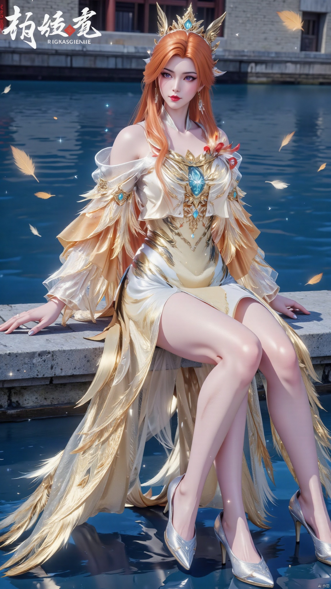A young woman dressed in traditional Chinese clothing,orange hair,red hair,blonde hair,long hair,very long hair,hair ornament,breasts,bare shoulders,chinese clothes,braid,hanfu,dress,long dress,yellow dress,white dress,backless outfit,backless dress,detached sleeves,long sleeves,wide sleeves,see-through,jewelry,high heels,makeup,white footwear,bare legs,tiara,feathers,facial mark,gem,purple eyes,eyeshadow,red lips,sparkle,bird,takanashi kiara,fire,chinese girl,pretty girl,sitting on the water,spreading her legs,thigh focus,from the bottom of the skirt,from the side,looking at viewer,Firixiaguan,huolinger