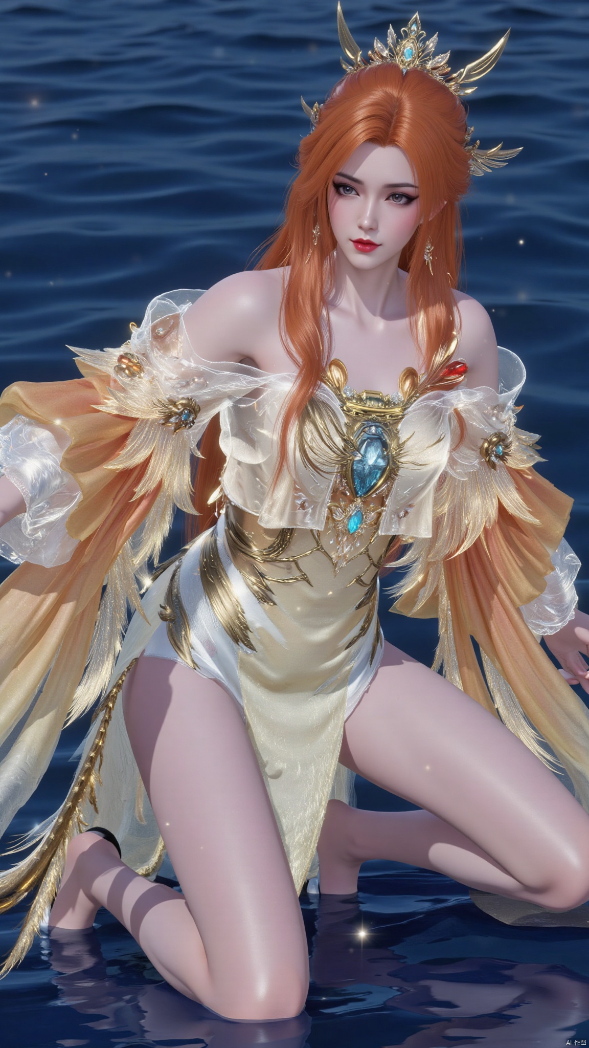 A young woman dressed in traditional Chinese clothing,orange hair,red hair,blonde hair,long hair,very long hair,hair ornament,breasts,bare shoulders,chinese clothes,braid,hanfu,dress,long dress,yellow dress,white dress,backless outfit,backless dress,detached sleeves,long sleeves,wide sleeves,see-through,jewelry,high heels,makeup,white footwear,bare legs,tiara,feathers,facial mark,gem,purple eyes,eyeshadow,red lips,sparkle,bird,takanashi kiara,fire,chinese girl,pretty girl,squatting on the water,spreading her legs,thigh focus,from the bottom of the skirt,from the side,looking at viewer,Firixiaguan,陆雪琪