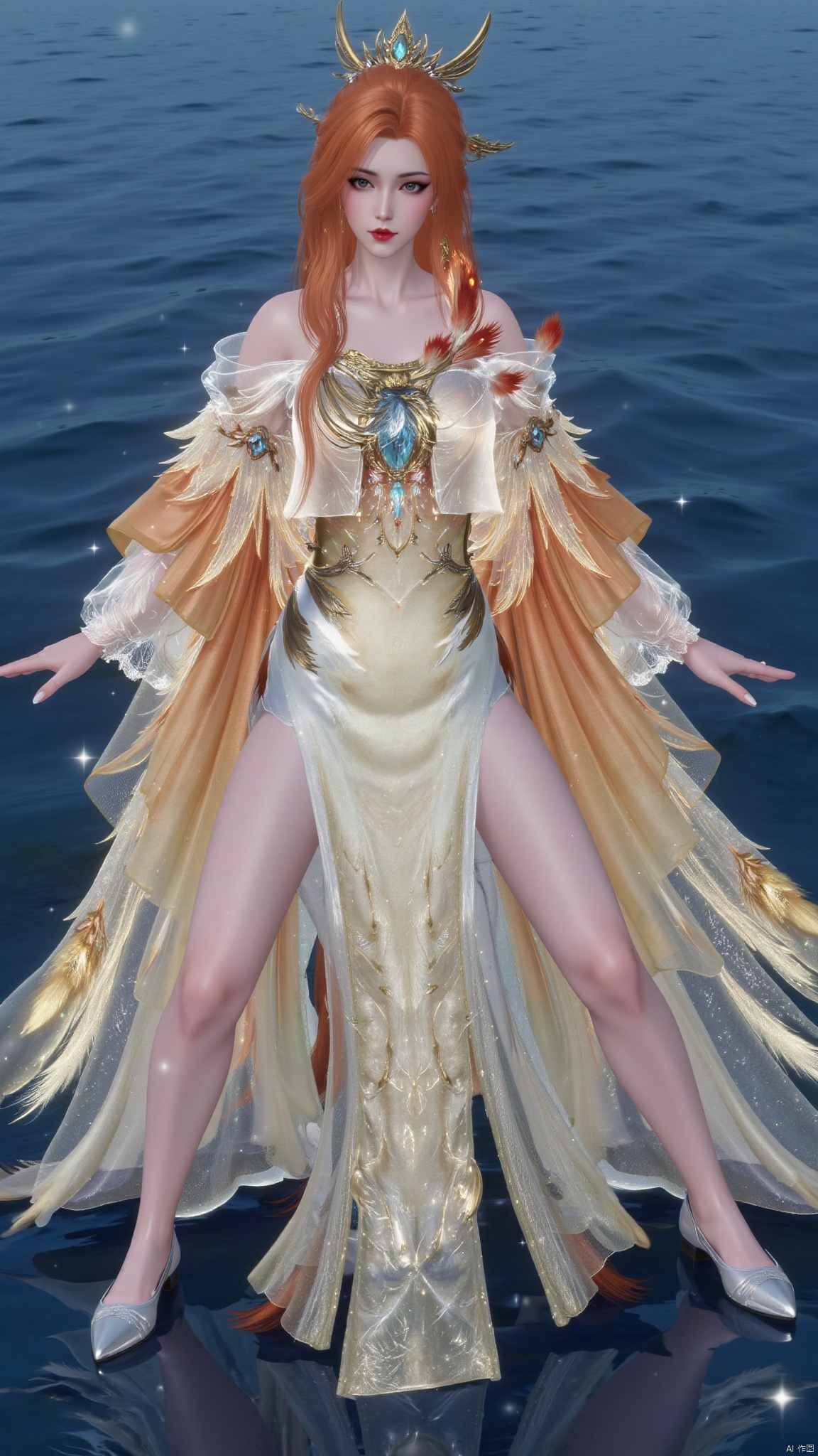 A young woman dressed in traditional Chinese clothing,orange hair,red hair,blonde hair,long hair,very long hair,hair ornament,breasts,bare shoulders,chinese clothes,braid,hanfu,dress,long dress,yellow dress,white dress,backless outfit,backless dress,detached sleeves,long sleeves,wide sleeves,see-through,jewelry,high heels,makeup,white footwear,bare legs,tiara,feathers,facial mark,gem,purple eyes,eyeshadow,red lips,sparkle,bird,takanashi kiara,fire,chinese girl,pretty girl,squatting on the water,spreading her legs,thigh focus,from the bottom of the skirt,from the side,looking at viewer,Firixiaguan,陆雪琪