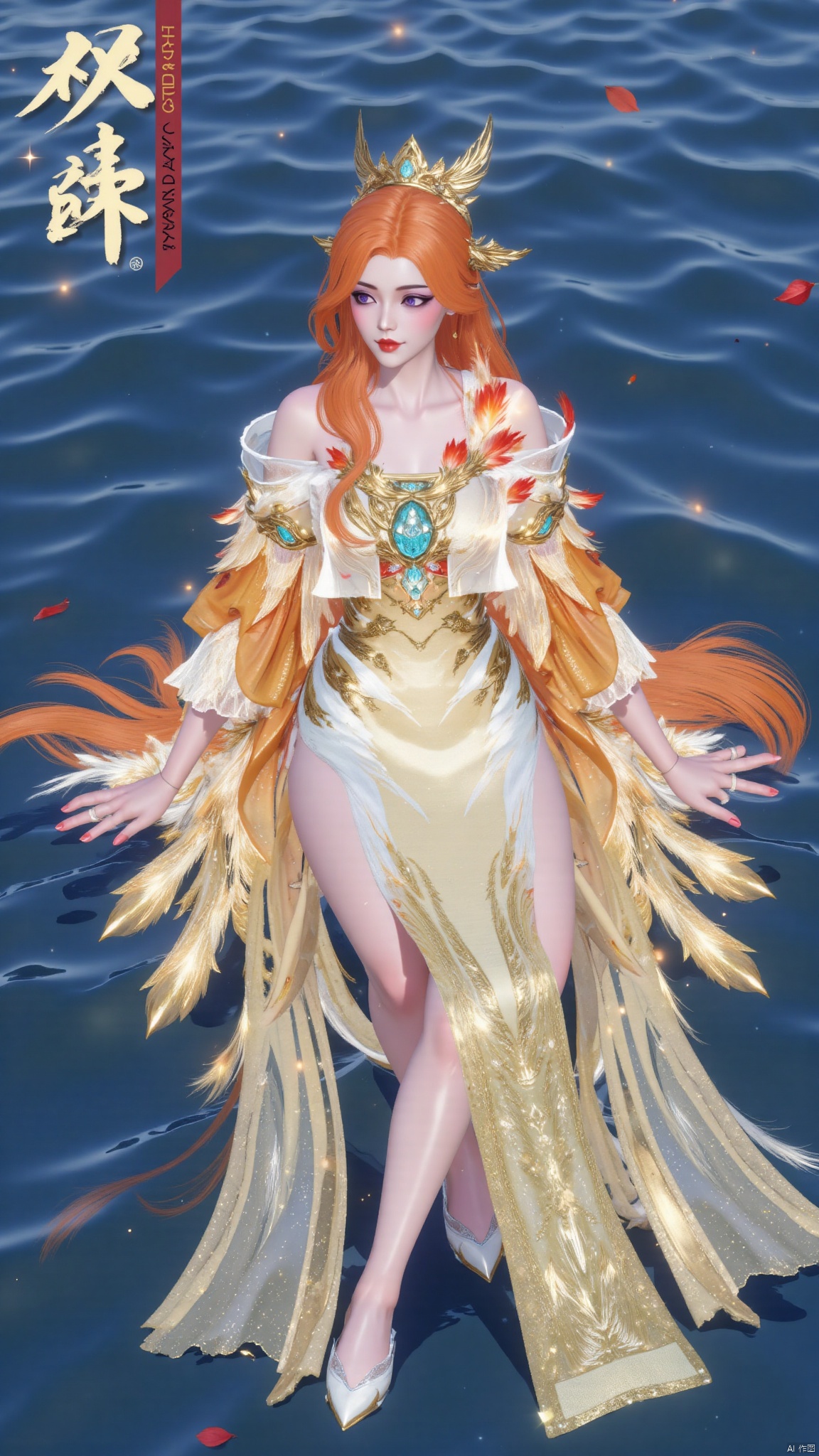 A young woman dressed in traditional Chinese clothing,orange hair,red hair,blonde hair,long hair,very long hair,hair ornament,breasts,bare shoulders,chinese clothes,braid,hanfu,dress,long dress,yellow dress,white dress,backless outfit,backless dress,detached sleeves,long sleeves,wide sleeves,see-through,jewelry,high heels,makeup,white footwear,bare legs,tiara,feathers,facial mark,gem,purple eyes,eyeshadow,red lips,sparkle,bird,takanashi kiara,fire,chinese girl,pretty girl,sitting on the water,spreading her legs,thigh focus,from the bottom of the skirt,from the side,looking at viewer,Firixiaguan,huolinger