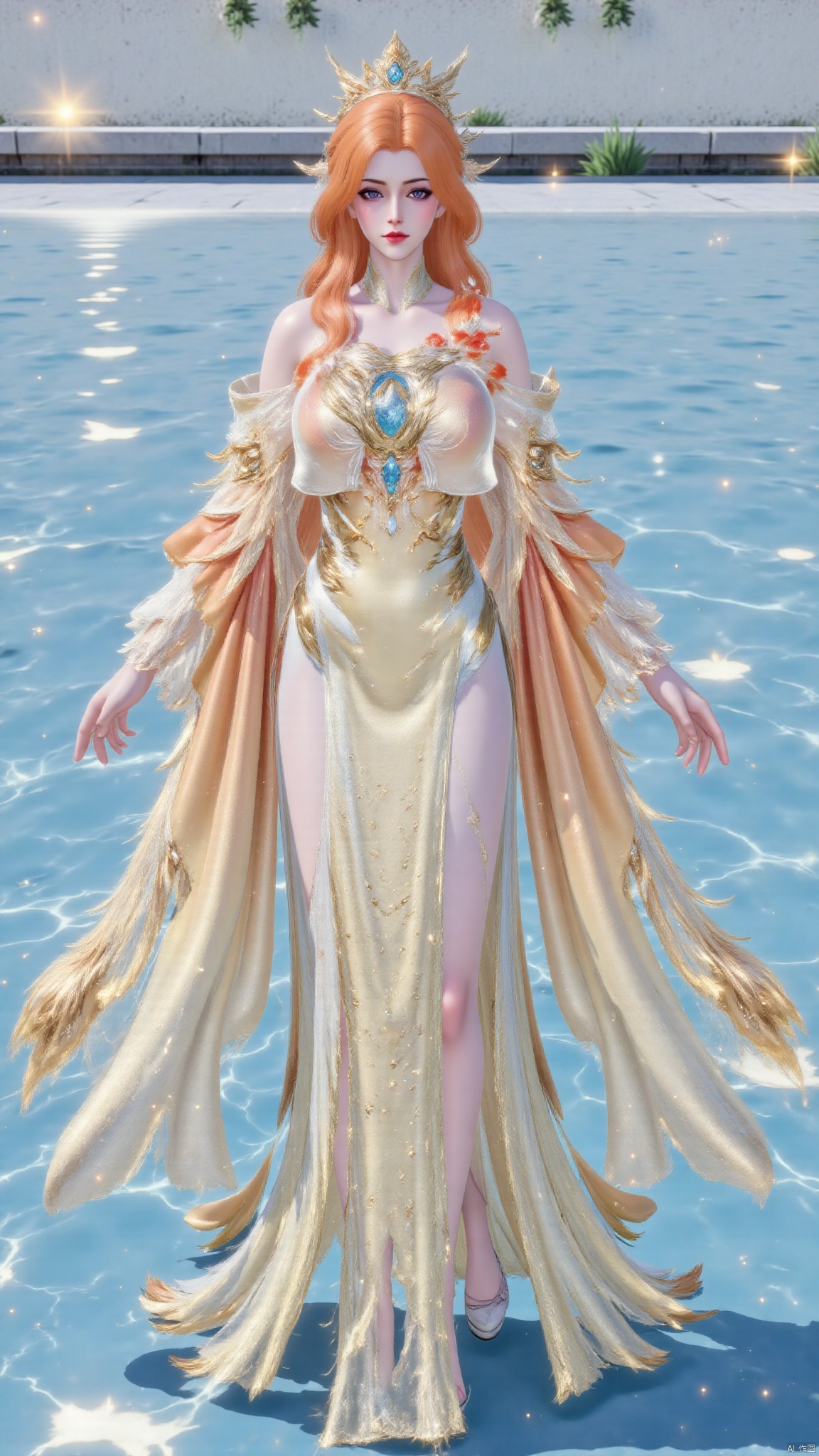 1girl, solo,looking at viewer,standing,crossing her hands,full body,on the pond full of water lilies and lotus,shiny background,sun,sunshine,breasts,huge breasts,huge buttocks,orange hair,red hair,blonde hair,long hair,very long hair,hair ornament,bare shoulders,chinese clothes,braid,hanfu,dress,long dress,yellow dress,white dress,backless outfit,backless dress,detached sleeves,long sleeves,wide sleeves,see-through,jewelry,high heels,makeup,white footwear,bare legs,tiara,feathers,facial mark,gem,purple eyes,eyeshadow,red lips,sparkle,bird,takanashi kiara,fire,chinese girl,pretty girl,juru2,Firixiaguan,Hugebr,change