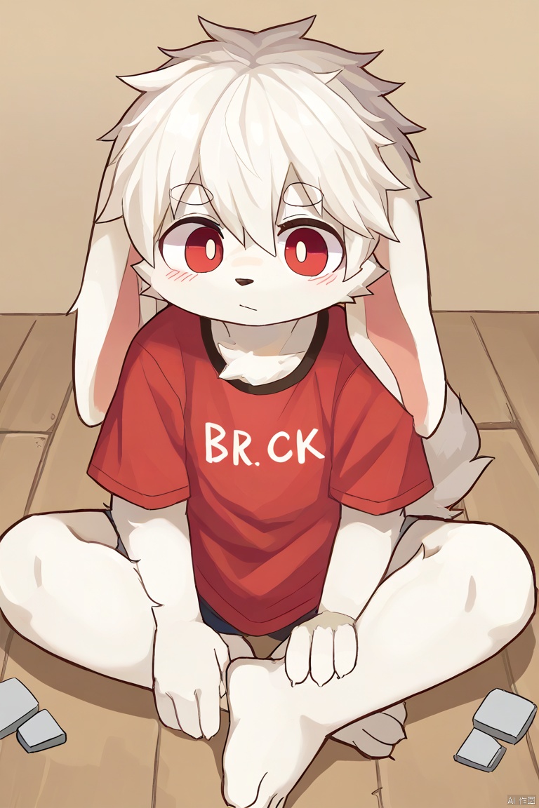 rukiruki-style,
solo,male_focus,furry,kemono,body fur,
vup_bai,(white hair,red eyes),(floppy ears,lop rabbit ears),red t-shirt,
BREAK,
sitting,sitting_down,
(masterpiece,best quality),