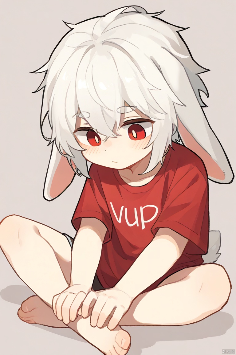 solo,male_focus,
vup_bai,(white hair,red eyes),(floppy ears,lop rabbit ears),red t-shirt,
sitting,sitting_down,
(masterpiece,best quality),