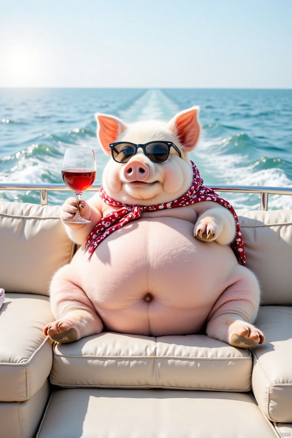 Chubby pig, lounging on a yacht sofa, its head adorned with a silk scarf, sporting a pair of sunglasses. It's holding a wine glass filled with red wine, making a toast, relishing life in a laid - back way. There it is, on the yacht, on a sunny day, with the ocean breeze gently caressing. It represents a luxurious lifestyle, surrounded by a peaceful and carefree atmosphere. Stylish and cool, with an elegant highball glass in its trotters, it strikes a relaxed and confident pose. Its plump body is covered in soft, bristly fur. The background is serene, with calm sea waves gently rolling. The color scheme is vibrant yet calm, with a sunny ocean horizon stretching out. It's clearly enjoying its leisure time, relaxing on the deck, exuding an air of elegance and fun. This is a display of casual luxury, toasting with the magnificent sea view. It manages to be sophisticated yet playful, as if in the middle of a joyful celebration.
