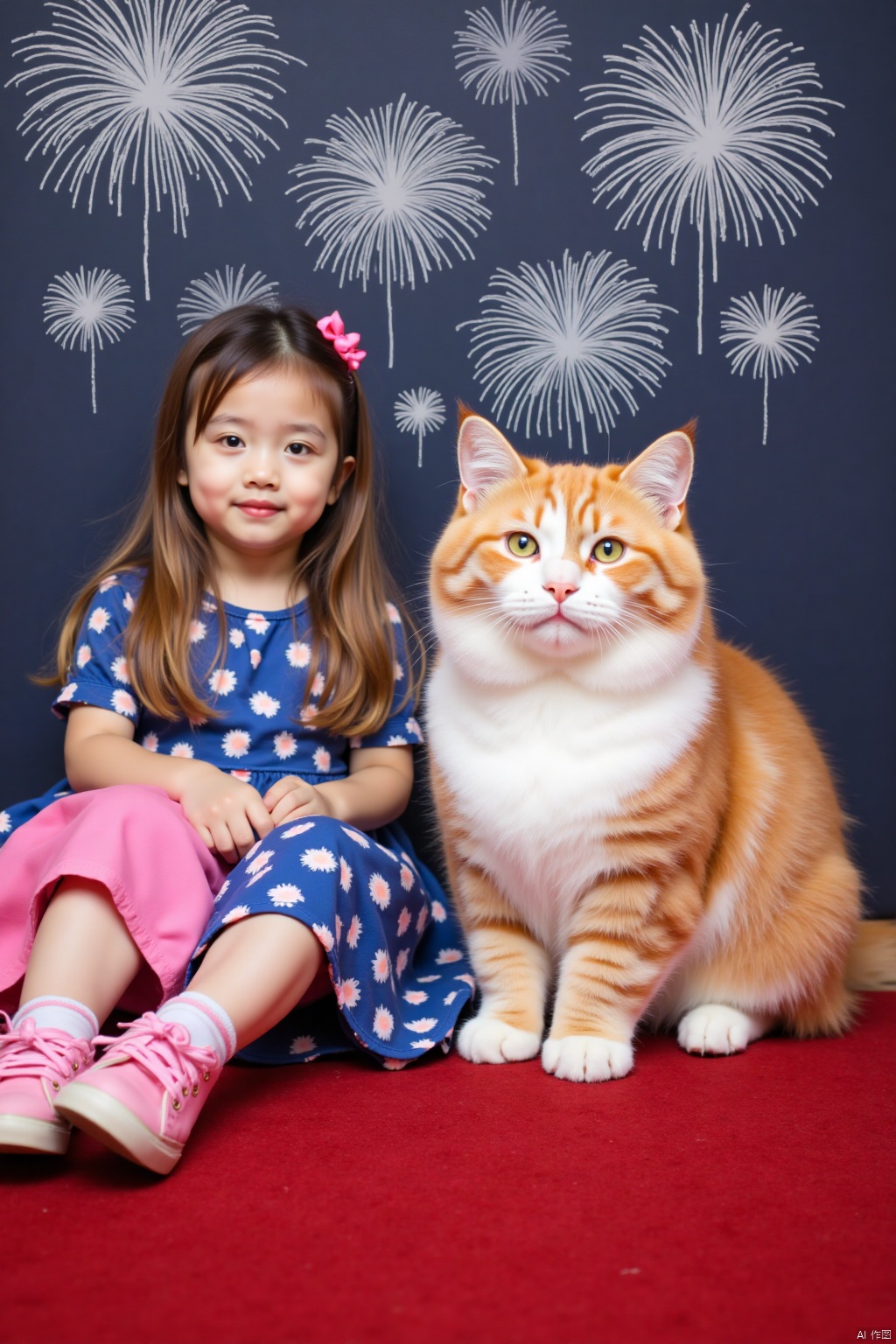 Captured at eye-level, a medium-sized orange and white cat is sitting on a red carpeted floor, positioned in front of a dark backdrop of fireworks. The cat's face is adorned with a pink nose, a white whiskers, and green eyes, and its ears are perked up. A young girl with long brown hair, dressed in a blue and pink dress, is seated on the left side of the frame. Her left hand is resting on her lap, and her right hand is draped over her right shoulder. The girl's hair is pulled back in a ponytail, and she's wearing pink sneakers. The backdrop is a dark blue wall, adorned with white fireworks, adding a pop of color to the scene.