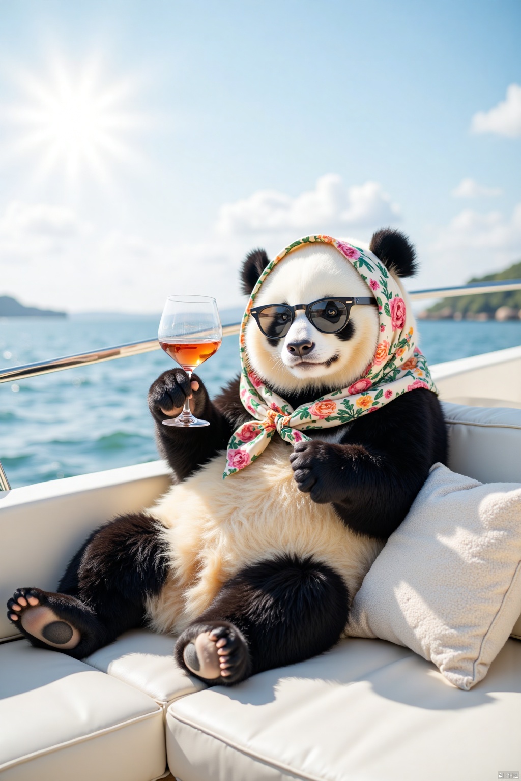 Adorable panda, comfortably seated on a yacht sofa. Its head is covered with a silk scarf, giving it an air of sophistication. Sporting a pair of trendy sunglasses, the panda holds a wine glass filled with what could pass as some bamboo - inspired “wine” in its paws, making a toast and fully relishing life.
 
There it is, on the yacht, under a sunny sky. The gentle ocean breeze caresses its thick fur, as it indulges in a luxurious lifestyle. An atmosphere of peace and carefreeness envelops it. The panda looks stylish and cool, with the elegant highball glass adding to its charm. It strikes a relaxed and confident pose, showcasing its laid - back demeanor.
 
The serene background features calm sea waves, creating a harmonious setting. The color palette is a vibrant yet calm blend, with the sunny ocean horizon stretching out before it. This is a moment of leisure time for the panda, as it relaxes on the deck, exuding an elegant and fun - loving vibe.
 
This is a display of casual luxury, as the panda toasts to the beautiful sea view. It manages to be both sophisticated and playful, as if in the midst of a joyous celebration, making the most of this unique moment on the yacht.