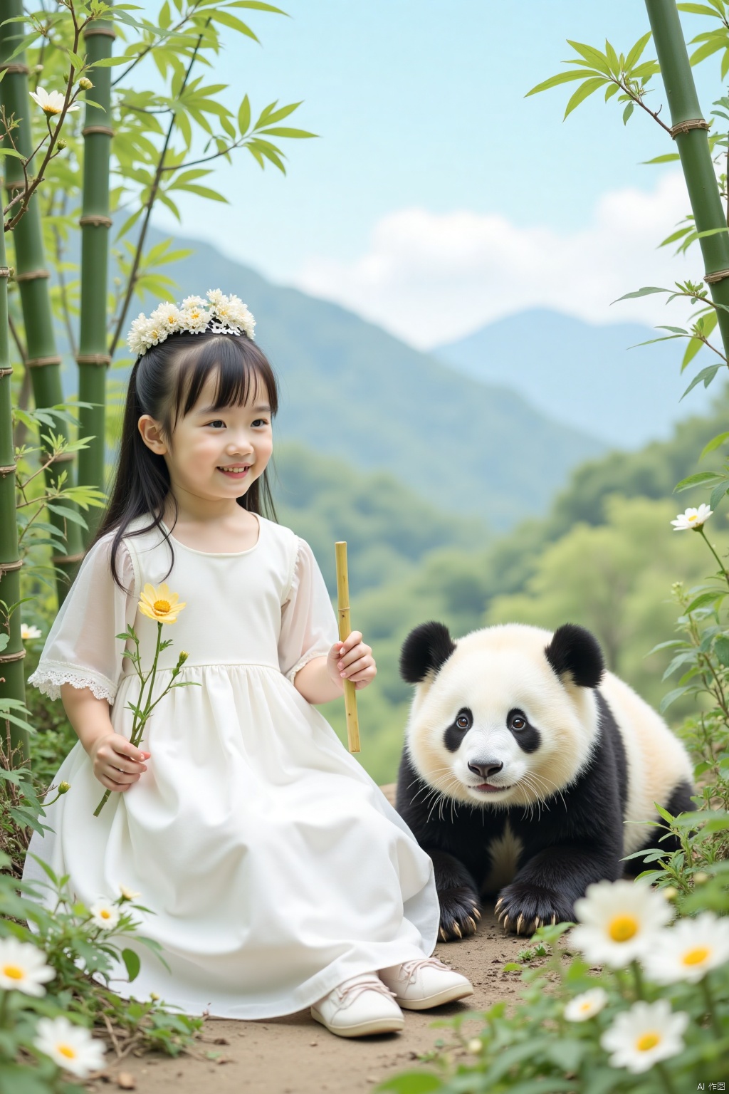 A real photo of a young girl wearing a white dress sitting among a bamboo forest and flowers. She held bamboo shoots in her left hand and placed her right hand on her buttocks. A panda is lying on the right side of the screen, its head turning towards the girl. The girl's hair was long and black, and she wore a white crown on her head, adding a touch of warmth to the scene. In the background, mountains can be seen. The sky is light blue with a few small clouds. the Tyndall effect dream