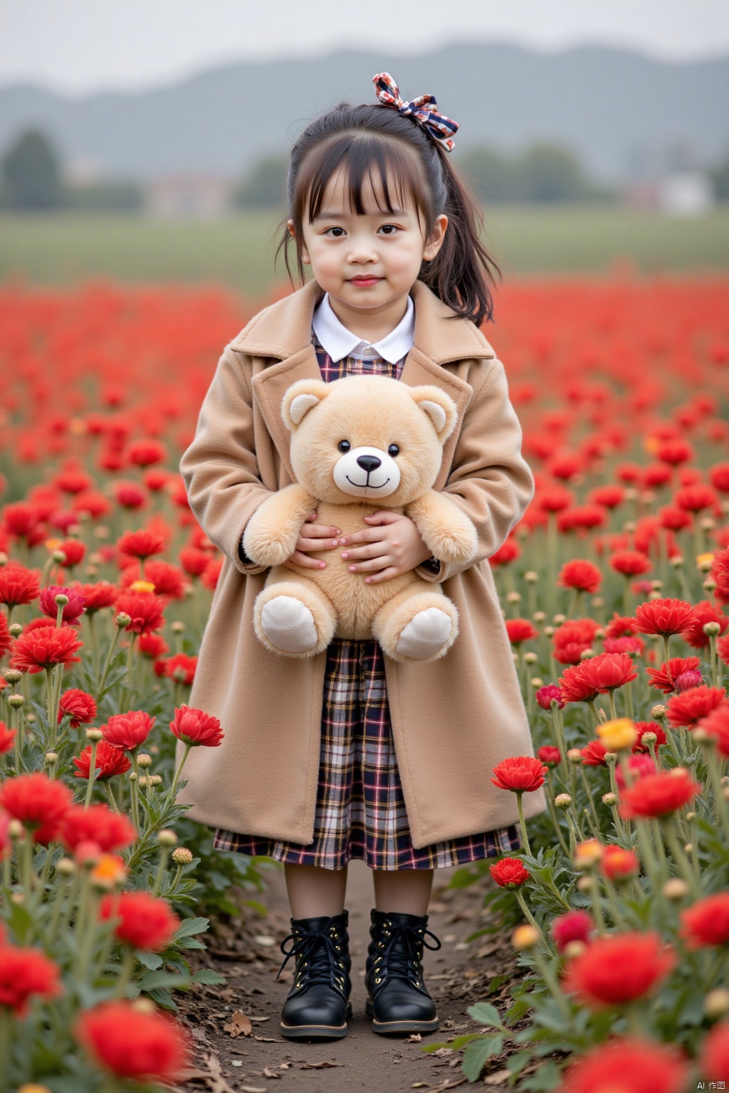 a young girl stands in a field of vibrant red flowers, holding a teddy bear in her arms. She is dressed in a light brown coat, a white collared shirt, a plaid skirt, and black boots. Her hair is styled in a ponytail, and she is wearing a bow at the top of her head, adding a touch of charm to her outfit. The backdrop is blurred, creating a stark contrast to the vibrant flowers.
