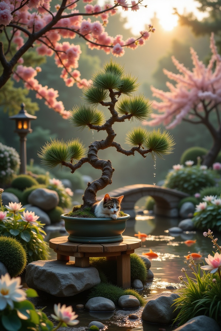 A serene Japanese garden at sunrise,  focus on an ancient pine bonsai tree with twisted trunk covered in morning dew,  pla...