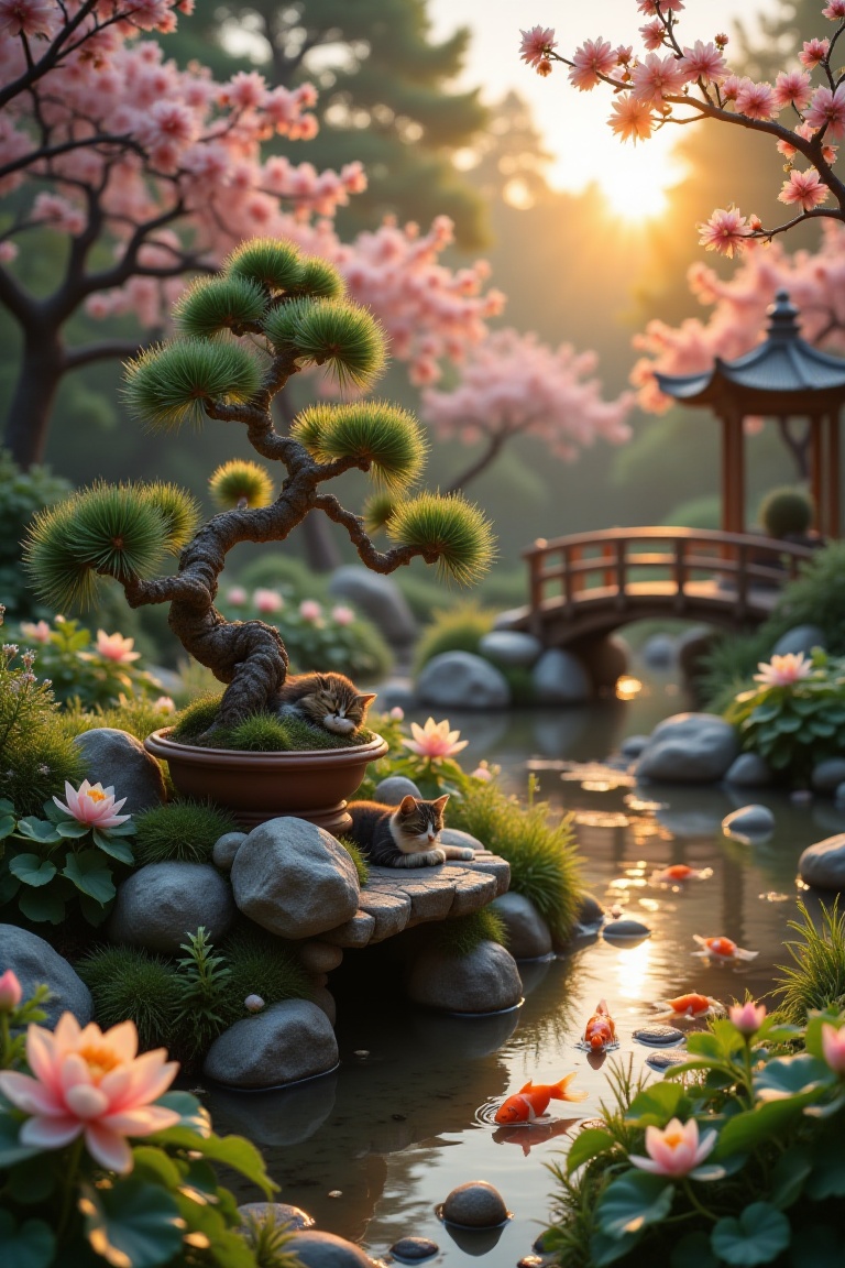 A serene Japanese garden at sunrise,  focus on an ancient pine bonsai tree with twisted trunk covered in morning dew,  pla...