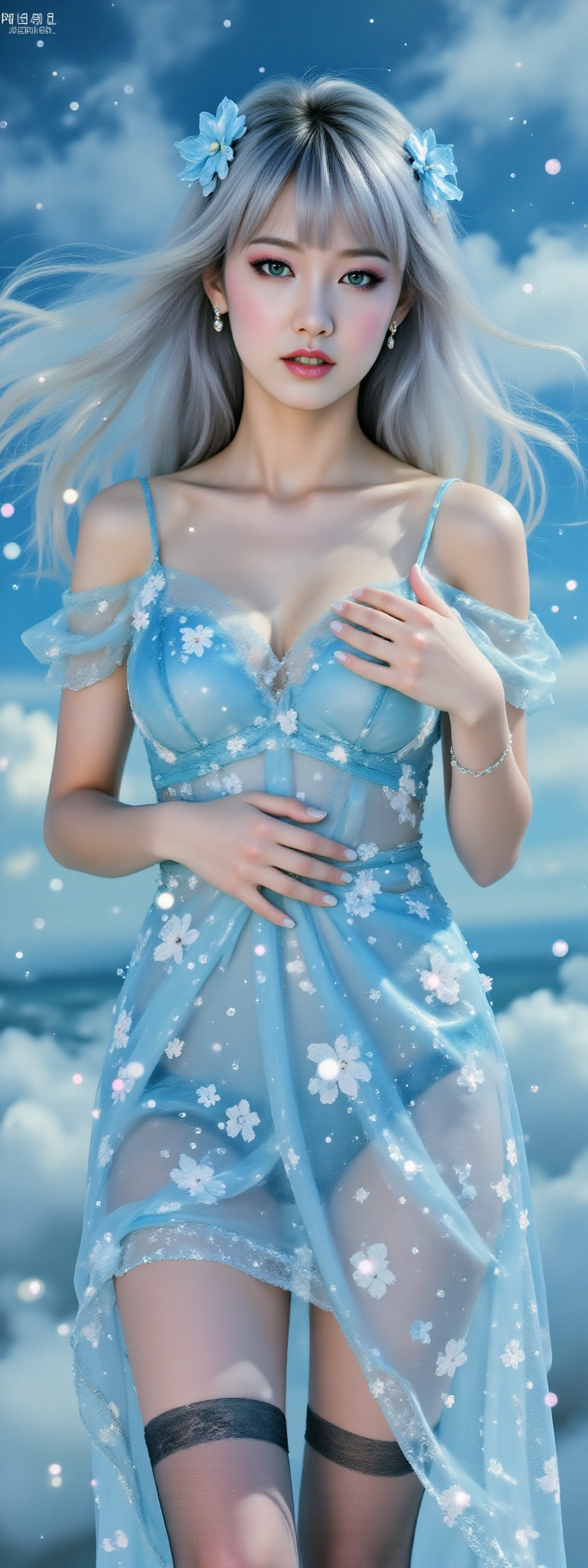 Top quality. Image content: A full-body portrait of a solitary young woman,  gazing at the viewer. She has flowing,  long...