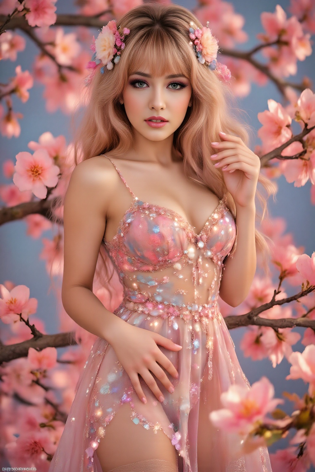 Top quality. Image content: A full-body portrait of a young woman,  alone,  gazing at the viewer. She has flowing long hai...