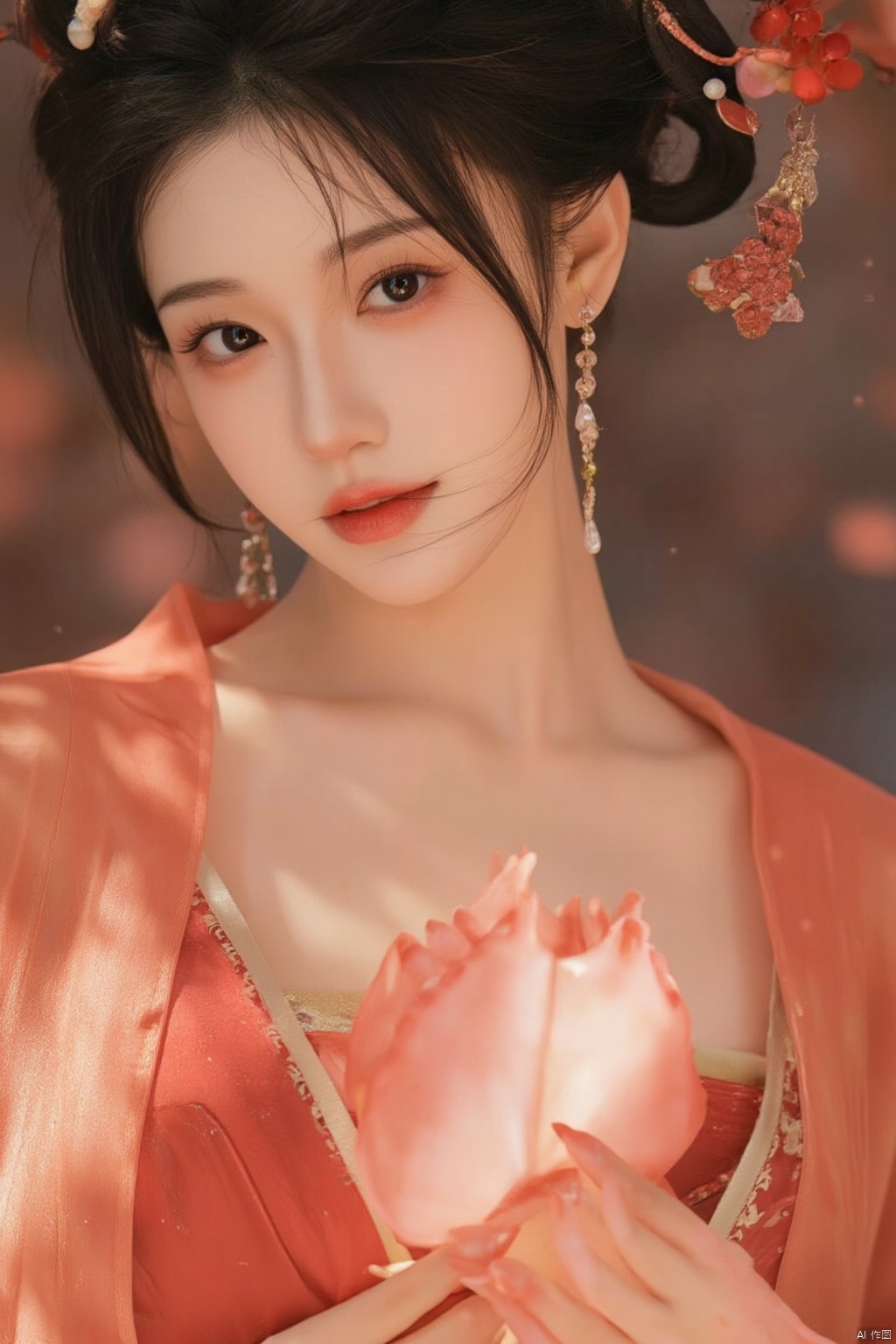 hf-hd,1 girl,earrings,eyelashes,a charming face,glowing lips,clavicle,shoulder exposure,floating petals,dreamy and beautiful,hanfu,medium breasts,cleavge,(upper_body:1.6),(masterpiece, top quality, best quality, official art, beautiful and aesthetic:1.2),