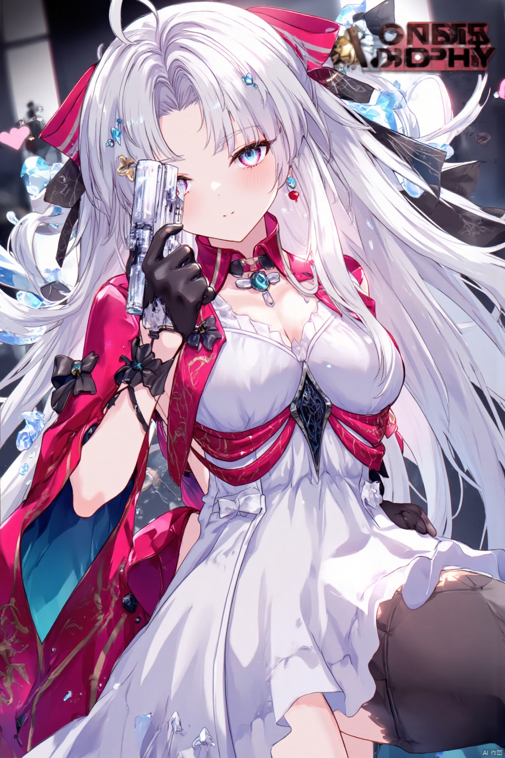 1girl,solo,long hair,breasts,looking at viewer,bangs,thighhighs,gloves,dress,holding,jewelry,very long hair,closed mouth,weapon,Crystal gun,white hair,grey hair,earrings,black gloves,black thighhighs,holding weapon,Red coat,white dress,grey eyes,Transparent gun,Crystal gun,weapons,(artist:quasarcake:0.8),extreme aesthetic,best quality,good quality,newest,very aesthetic,absurdres,Visual impact,Electromotive force,perspective composition,A shot with tension,ultra-high resolution,32K UHD,sharp focus,best quality,masterpiece,Emotionalization masterpiece,unconventional supreme,masterful details,with a high end texture,in the style of fashion photography,(Visual impact:1.2),