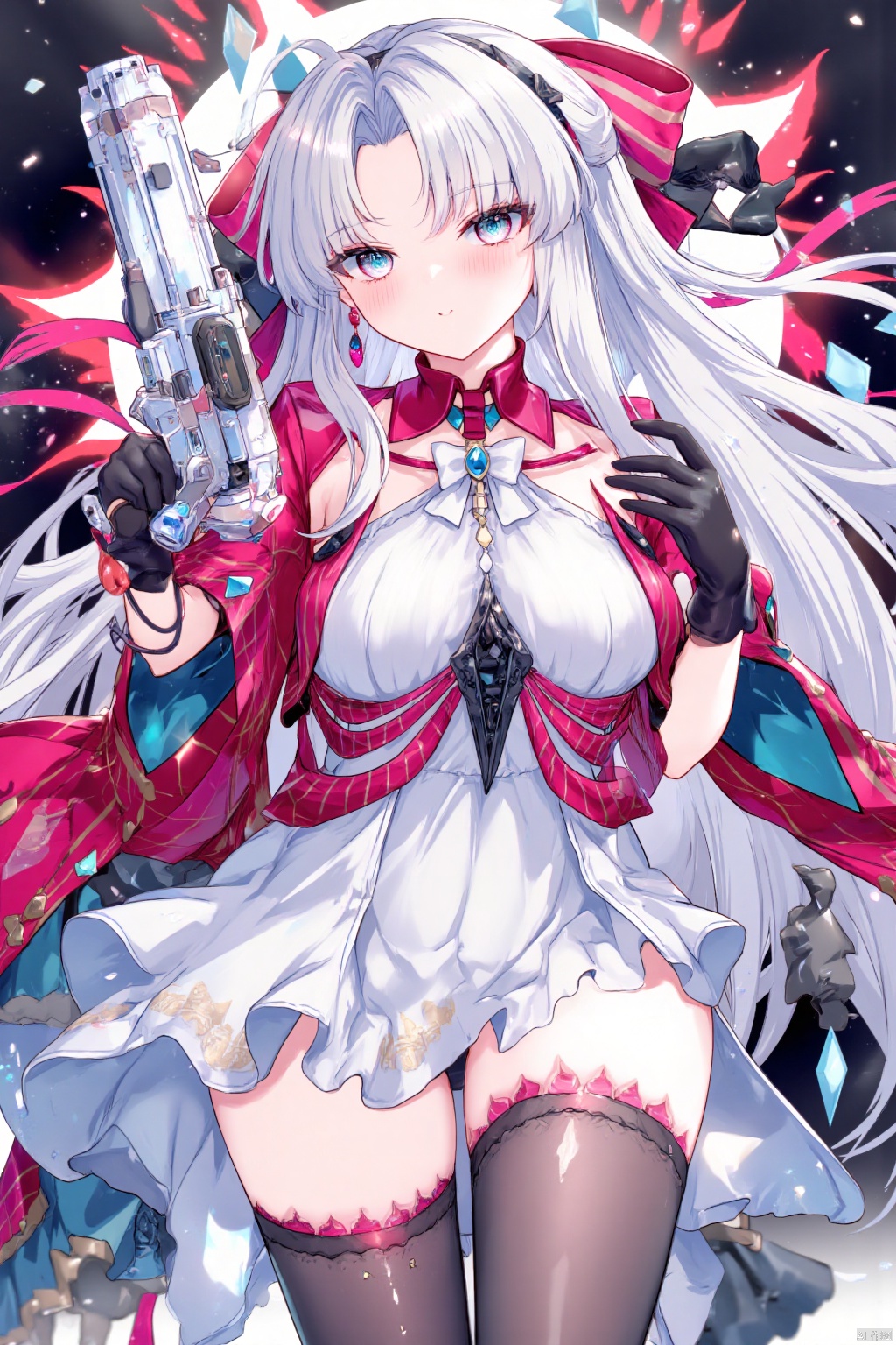 1girl,solo,long hair,breasts,looking at viewer,bangs,thighhighs,gloves,dress,holding,jewelry,very long hair,closed mouth,weapon,Crystal gun,white hair,grey hair,earrings,black gloves,black thighhighs,holding weapon,Red coat,white dress,grey eyes,Transparent gun,Crystal gun,weapons,(artist:quasarcake:0.8),extreme aesthetic,best quality,good quality,newest,very aesthetic,absurdres,Visual impact,Electromotive force,perspective composition,A shot with tension,ultra-high resolution,32K UHD,sharp focus,best quality,masterpiece,Emotionalization masterpiece,unconventional supreme,masterful details,with a high end texture,in the style of fashion photography,(Visual impact:1.2),