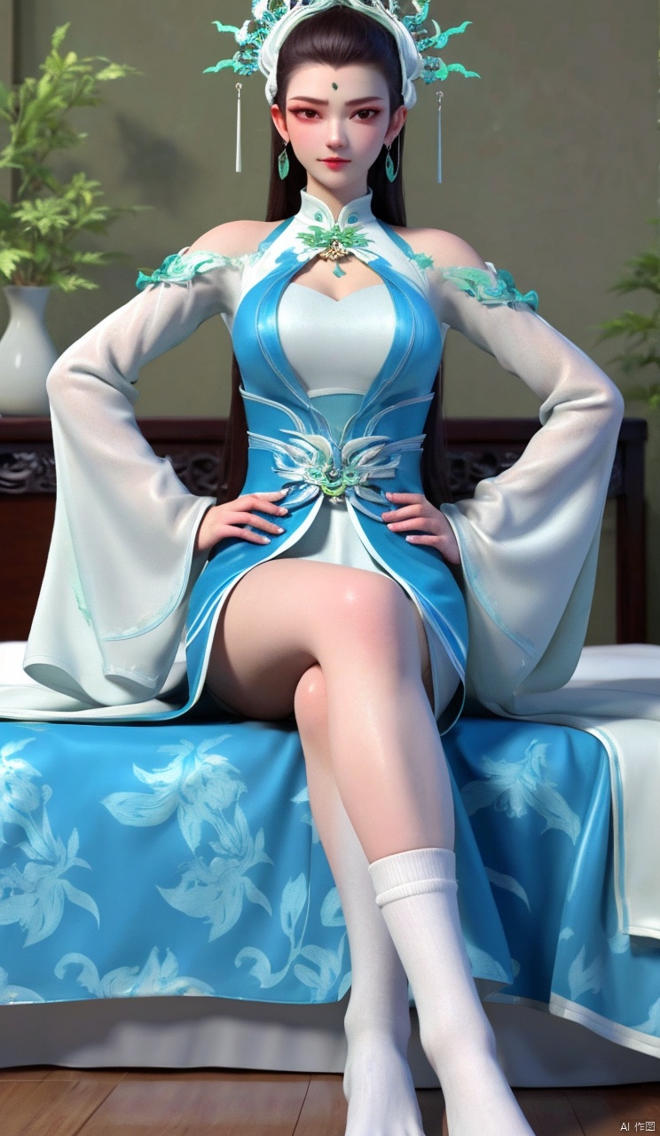 1girl, solo, long hair, breasts, looking at viewer, black hair, hair ornament, dress, jewelry,
 earrings, hand on hip, chinese clothes,  forehead mark, 
Sitting, crossed legs, whole body, white socks, white silk, one-piece socks, indoors, in the room, on the bed, beside the bed,
