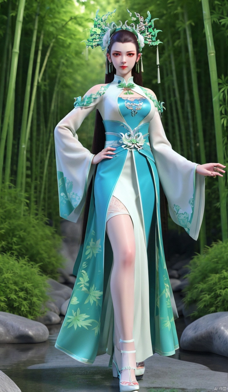 1girl, solo, long hair, breasts, looking at viewer, black hair, hair ornament, dress, jewelry,
full body, earrings, hand on hip, chinese clothes, nature, forest, rock, forehead mark, bamboo, bamboo forest,