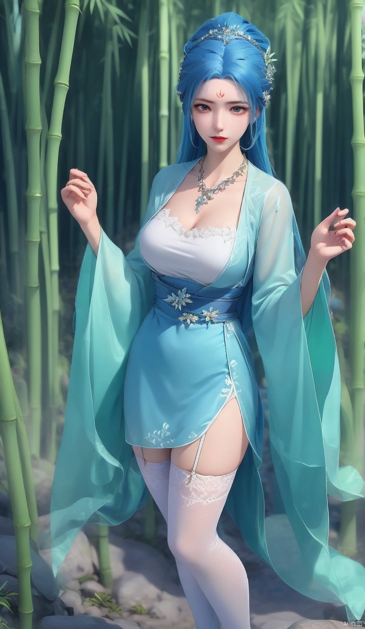 Forehead imprint,Blue hair, clear background, clarity, close-up of characters,
1girl, solo, long hair, breasts, looking at viewer,  hair ornament, thighhighs, 

long sleeves, dress, cleavage, jewelry, medium breasts, blue hair, standing, full body, outdoors, wide sleeves,

 necklace,  white thighhighs, sash,  hand on own chest, nature, forest, bamboo, bamboo forest