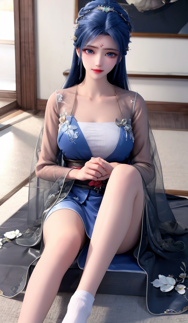 1girl, solo, long hair, breasts, looking at viewer, blush, bangs, blue eyes, large breasts, hair ornament, long sleeves, ribbon, blue hair, indoors, see-through, sash, saliva, , chinese clothes, hair rings, forehead mark,
Open your legs, sit down, open your legs, black thighs, knees, indoors, black socks, black silk,
