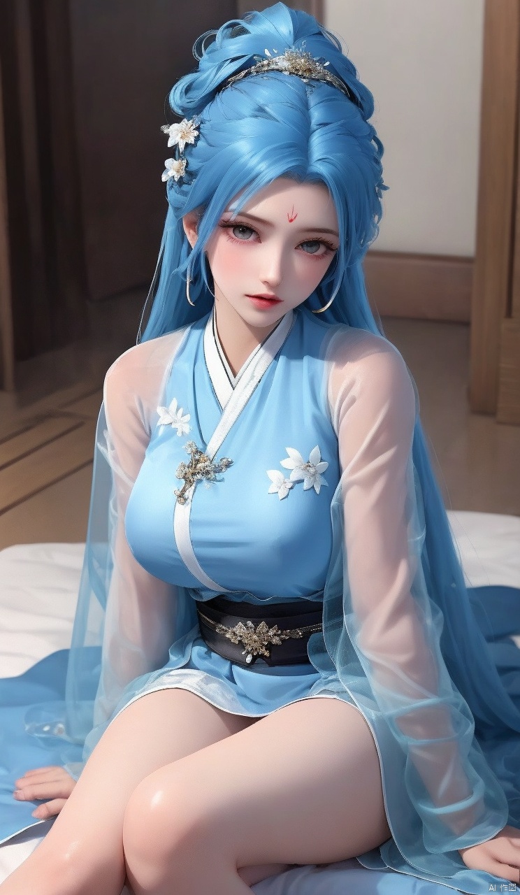 Blue hair, clear background, clarity, close-up of characters,
1girl, solo, long hair, breasts, looking at viewer, blush, bangs,  large breasts, hair ornament, long sleeves, ribbon, blue hair, indoors, see-through, sash, saliva, , chinese clothes, hair rings, forehead mark,
Open your legs, sit down, open your legs, black thighs, knees, indoors, black socks, black silk,