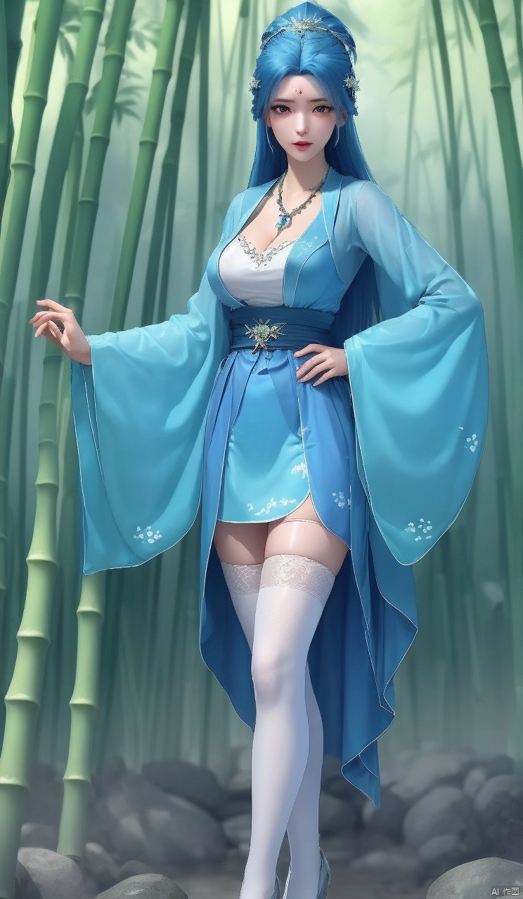 Forehead imprint,Blue hair, clear background, clarity, close-up of characters,
1girl, solo, long hair, breasts, looking at viewer,  hair ornament, thighhighs, 

long sleeves, dress, cleavage, jewelry, medium breasts, blue hair, standing, full body, outdoors, wide sleeves,

 necklace,  white thighhighs, sash,  hand on own chest, nature, forest, bamboo, bamboo forest