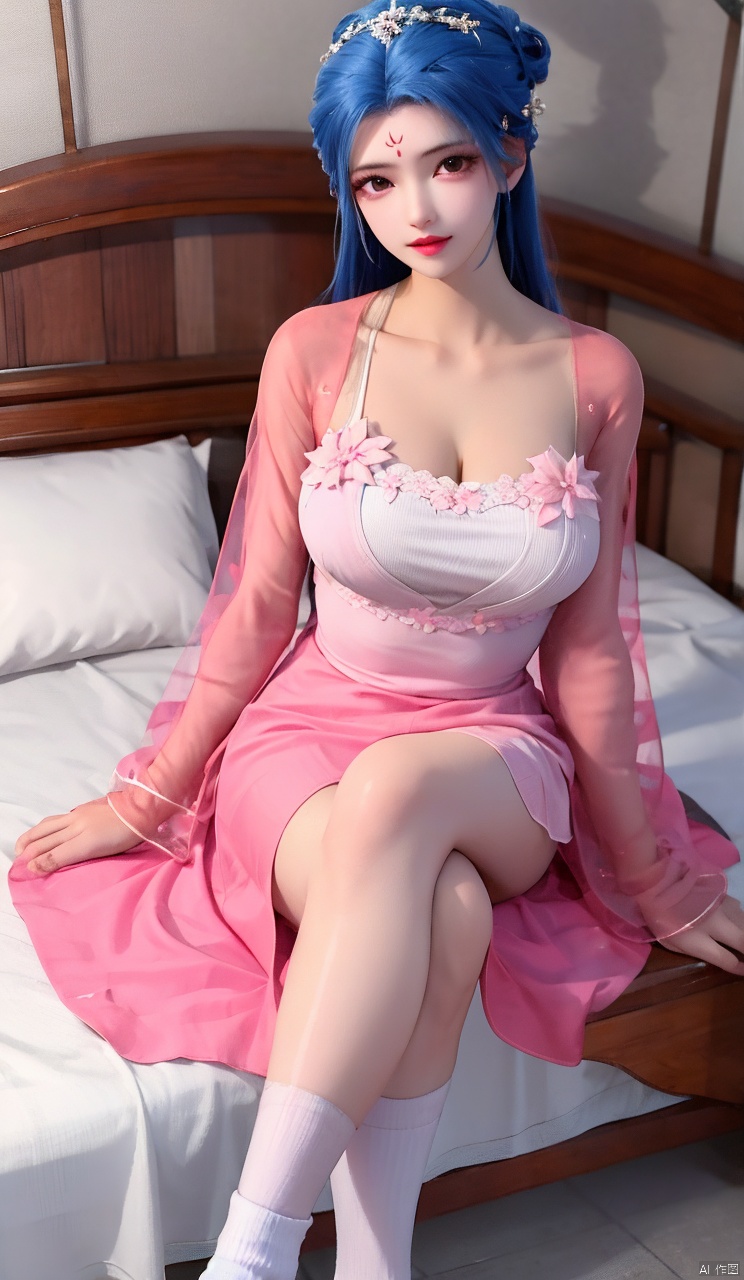 1girl, solo, long hair, looking at viewer,  hair ornament, long sleeves, blue hair, see-through, pink dress,

forehead mark,Cleavage of breast,A large chest,White paired with pink clothes,

Sitting, crossed legs, whole body, white socks, white silk, one-piece socks, indoors, in the room, on the bed, beside the bed,