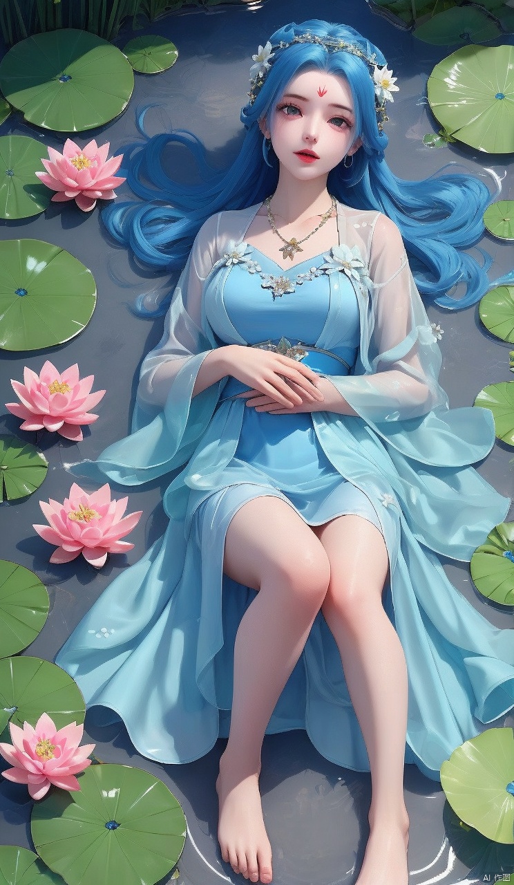 1girl, solo, long hair, looking at viewer,  hair ornament, long sleeves, 
dress, jewelry, blue hair,  flower, lying, barefoot, water, necklace,
 bare legs, blue dress,  minigirl, forehead mark, lily pad, lotus