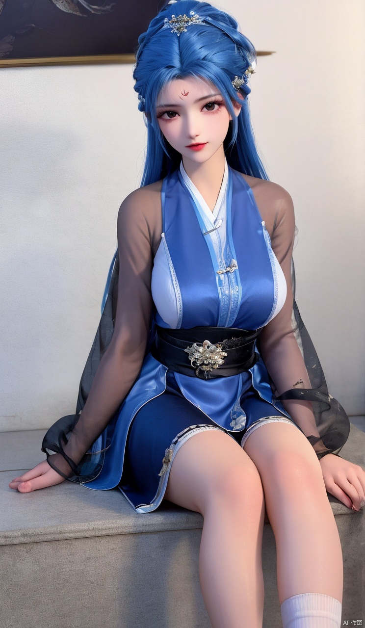 Blue hair, clear background, clarity, close-up of characters,
1girl, solo, long hair, breasts, looking at viewer, blush, bangs,  large breasts, hair ornament, long sleeves, ribbon, blue hair, indoors, see-through, sash, saliva, , chinese clothes, hair rings, forehead mark,
Open your legs, sit down, open your legs, black thighs, knees, indoors, black socks, black silk,