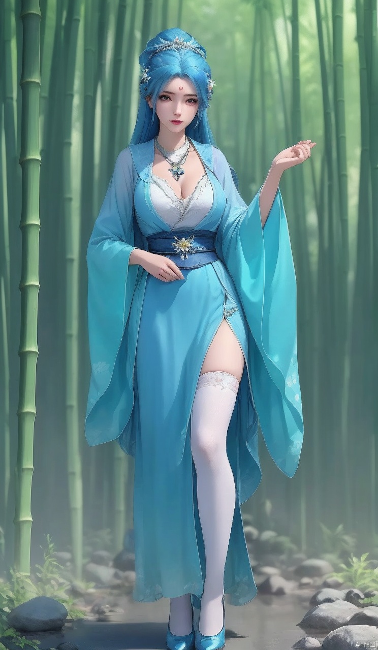 Forehead imprint,Blue hair, clear background, clarity, close-up of characters,
1girl, solo, long hair, breasts, looking at viewer,  hair ornament, thighhighs, 

long sleeves, dress, cleavage, jewelry, medium breasts, blue hair, standing, full body, outdoors, wide sleeves,

 necklace,  white thighhighs, sash,  hand on own chest, nature, forest, bamboo, bamboo forest