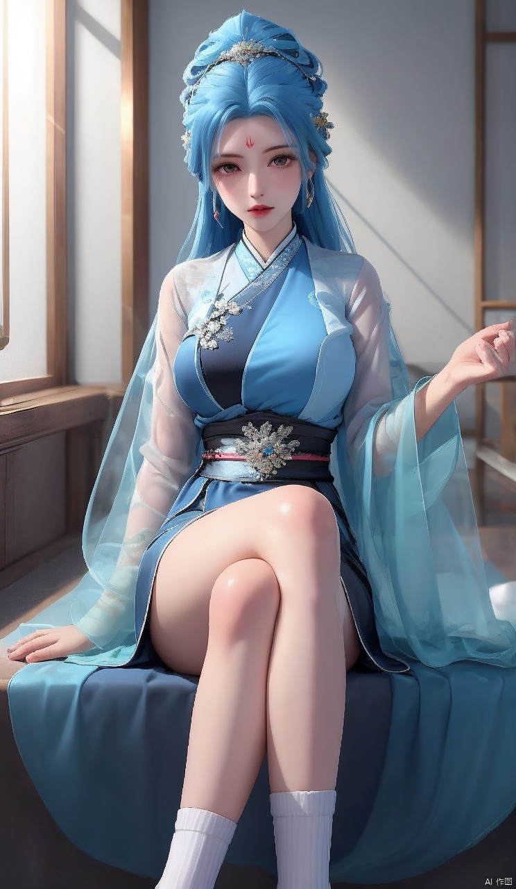 Blue hair, clear background, clarity, close-up of characters,
1girl, solo, long hair, breasts, looking at viewer, blush, bangs,  large breasts, hair ornament, long sleeves, ribbon, blue hair, indoors, see-through, sash, saliva, , chinese clothes, hair rings, forehead mark,
Open your legs, sit down, open your legs, black thighs, knees, indoors, black socks, black silk,