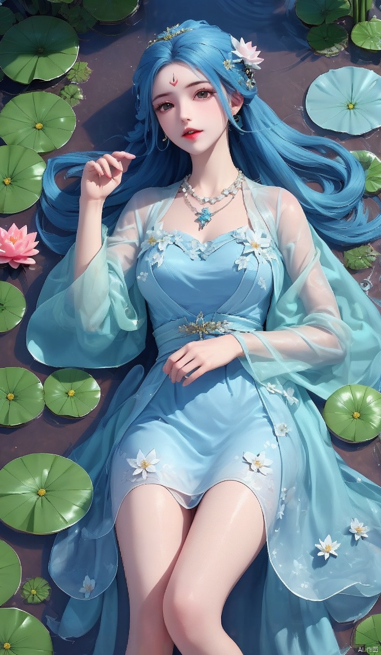 1girl, solo, long hair, looking at viewer,  hair ornament, long sleeves, 
dress, jewelry, blue hair,  flower, lying, barefoot, water, necklace,
 bare legs, blue dress,  minigirl, forehead mark, lily pad, lotus