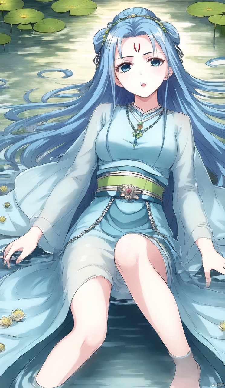 1girl, solo, long hair, looking at viewer,  hair ornament, long sleeves, 
dress, jewelry, blue hair,  flower, lying, barefoot, water, necklace,
 bare legs, blue dress,  minigirl, forehead mark, lily pad, lotus