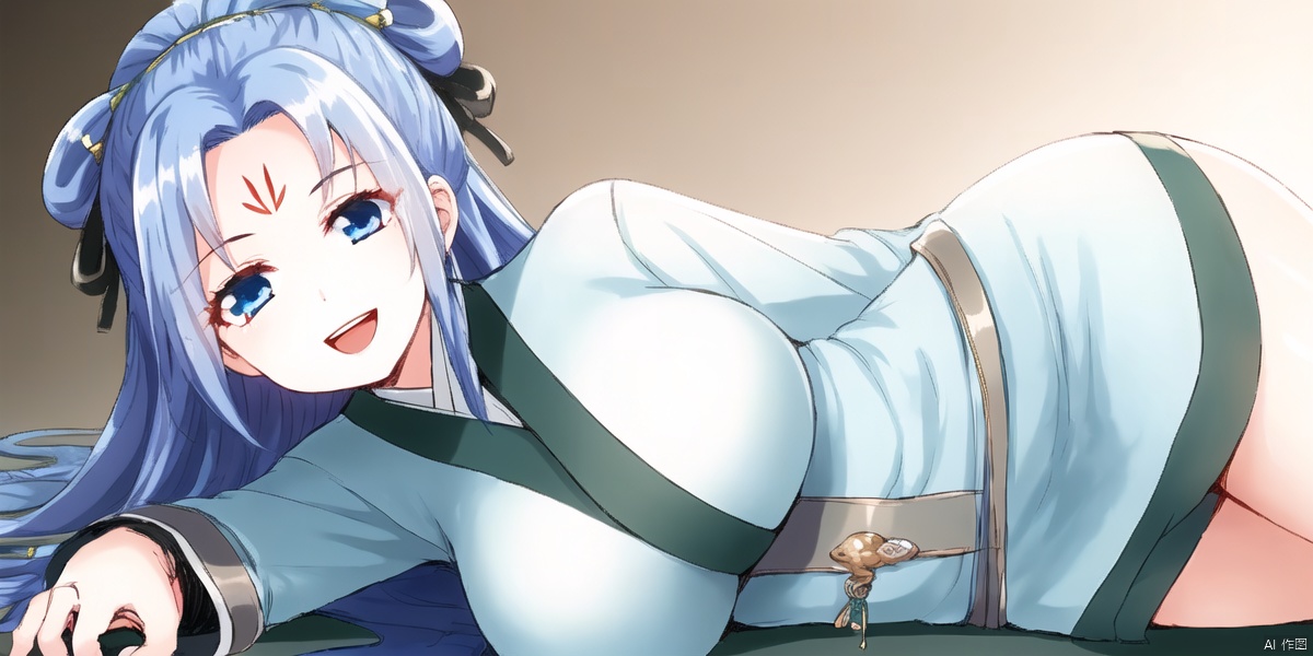 1girl, solo, long hair, breasts, looking at viewer, smile, open mouth, blue eyes, large breasts, hair ornament, long sleeves, ribbon, blue hair, :d, lying, on side, hair rings, forehead mark,
Hips, thighs,