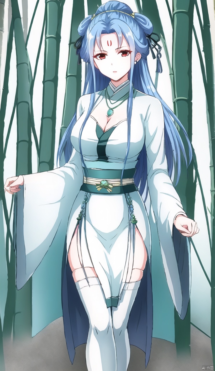 Forehead imprint,Blue hair, clear background, clarity, close-up of characters,
1girl, solo, long hair, breasts, looking at viewer,  hair ornament, thighhighs, 
long sleeves, dress, cleavage, jewelry, medium breasts, blue hair, standing, full body, outdoors, wide sleeves,
necklace,  white thighhighs, sash,  hand on own chest, nature, forest, bamboo, bamboo forest