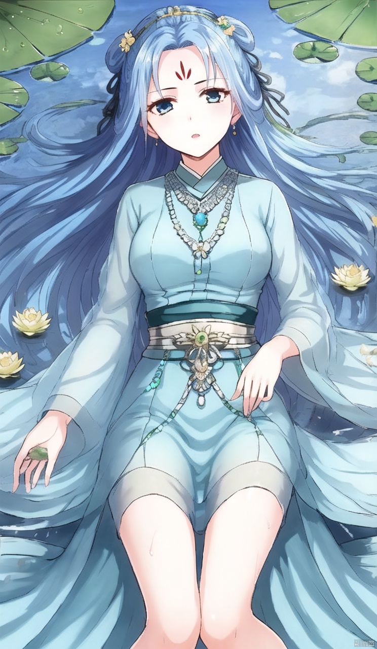 1girl, solo, long hair, looking at viewer,  hair ornament, long sleeves, 
dress, jewelry, blue hair,  flower, lying, barefoot, water, necklace,
 bare legs, blue dress,  minigirl, forehead mark, lily pad, lotus