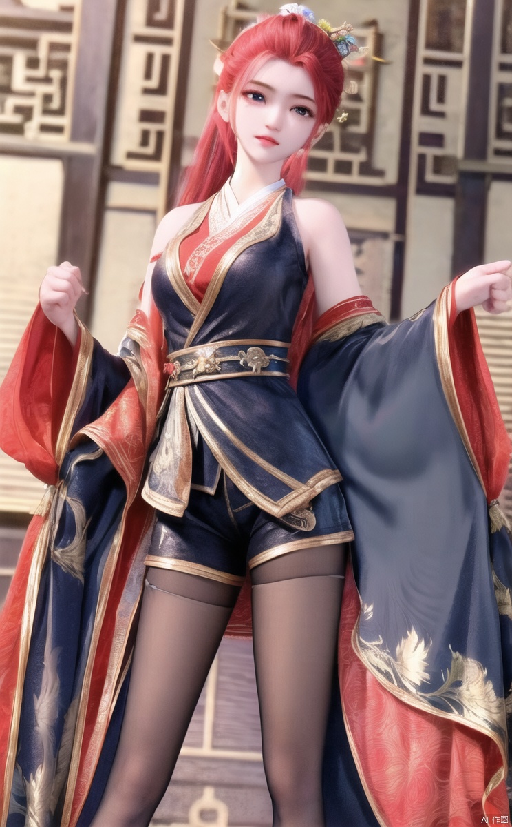 1girl, solo, long hair, breasts, looking at viewer, hair ornament, dress, bare shoulders, standing, ponytail, pantyhose, red hair, shorts, chinese clothes