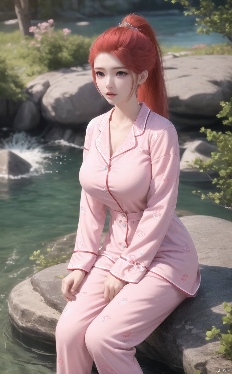 1girl, solo, long hair,  hair ornament, long sleeves, dress, ponytail, red hair, parted lips,  lips, arms at sides,
Red hair, 
pink pajamas, pink long pajamas, big breasts, wide breasts, cleavage,
Sitting on a stone, by the water, outdoors,