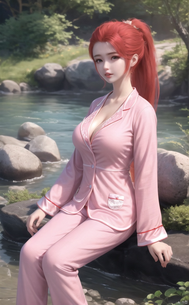 1girl, solo, long hair,  hair ornament, long sleeves, dress, ponytail, red hair, parted lips,  lips, arms at sides,
Red hair, 
pink pajamas, pink long pajamas, big breasts, wide breasts, cleavage,
Sitting on a stone, by the water, outdoors,